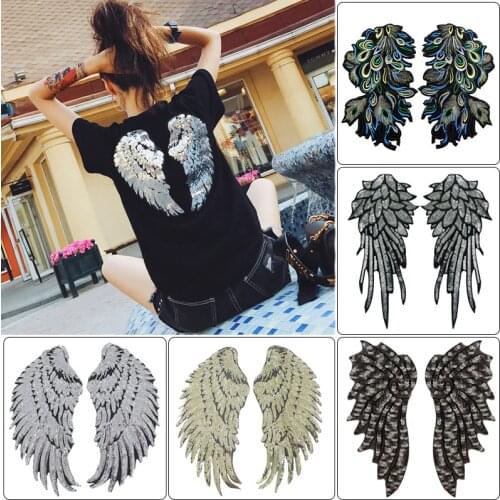 1pair New Wing Embroidery Lace Feather Applique Paillette Fabric Sweater Clothes Patch Sequined Stickers T-shirt Diy Decoration