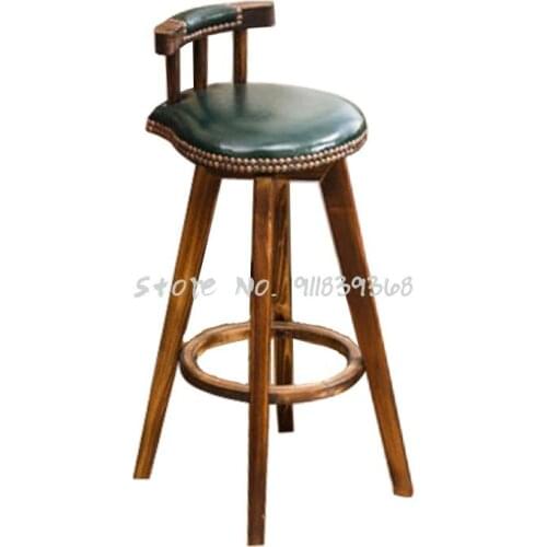 European Style Retro Bar Chair Solid Wood Carbonized Bar Chair High Stool Rotary Bar Stool Wooden Foot Coffee Shop Front Desk