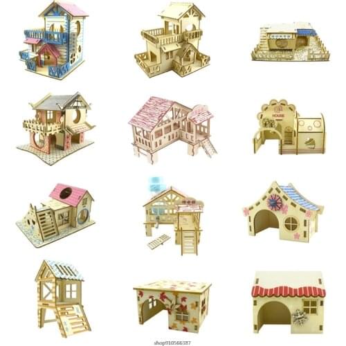 Hamster Hideout Wooden Hut Small Animals Double Layer Villa Rat Room House Cage Exercise Toy with Ladder Board Accessories ly13