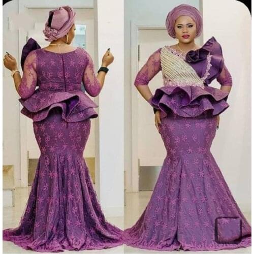Purple Lace Mermaid Evening Dresses With Three Quarter Sleeves Tiered Peplum Aso Ebi Prom Dress Plus Size African robe de soirée