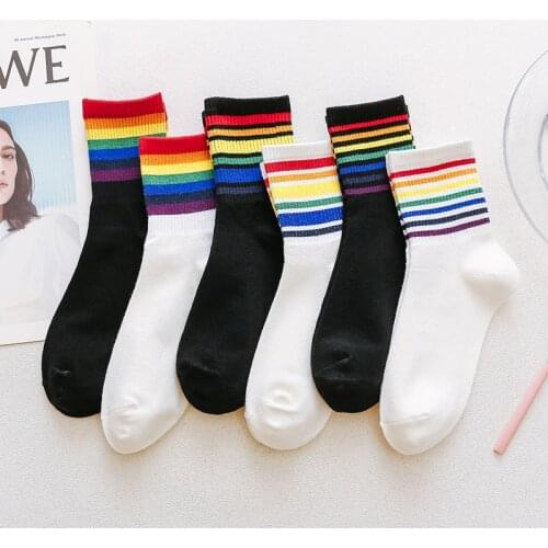 Cotton Mid Tube Socks 1Pairs Autumn Winter Breathable Rainbow Stripe Long Socks Japanese Style Sock for Women