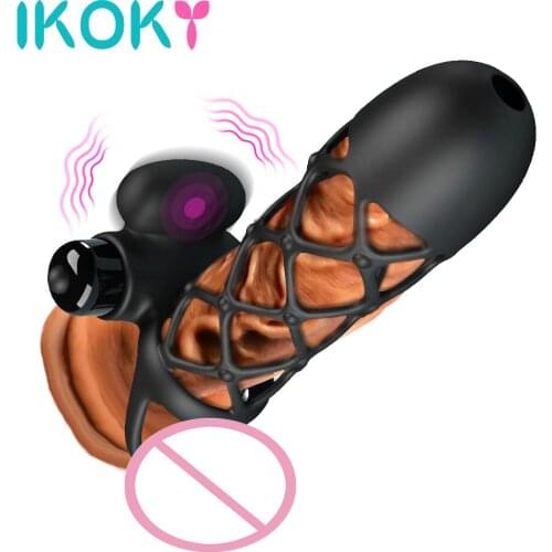 IKOKY Flexible Vibrating Cock Cage Dick Enlargement Extender 10 Speeds Ejaculation Delay G spot Stimulator Bullet Vibrator