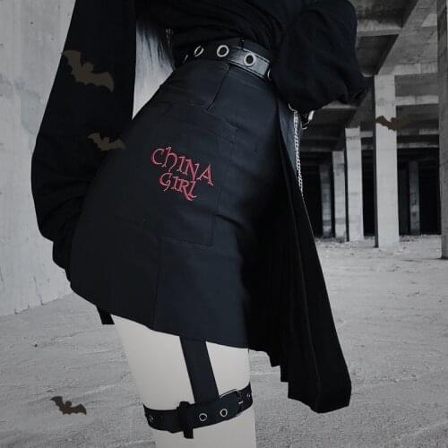 China Girl Embroidery Skirt Women Vintage Gothic Punk High Waist Leg Ring Skirt Harajuku Fashion Dark Irregular Mini Skirt Girls