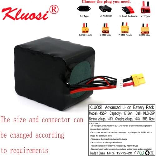 KLUOSI 14.8V 17.5Ah 18Ah 4S5P 16.8V Li-ion Battery High Capacity UAV Rechargeable for Various RC Airplane Drone Quadrotor XT60