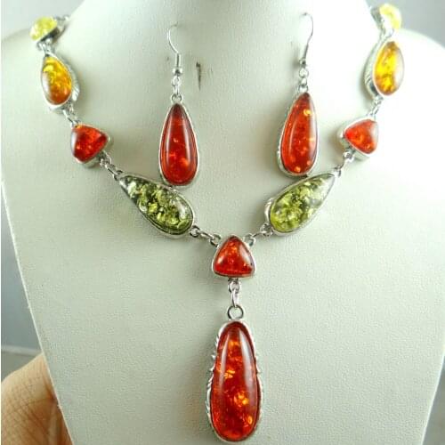 Fashion Precious Modernist teardrop golden honey pressed Ambers Pendant Necklace earring jewellery making sets Free shipping A6