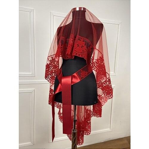 Red Flock Printing Silvery Bridal Veil Belt Gloves Set Henna Night Wedding Receiving Point