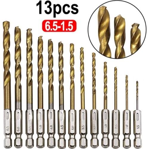 13pcs/lot HSS High Speed Steel Titanium Coated Drill Bit Set 1/4 Hex Shank 1.5-6.5mm