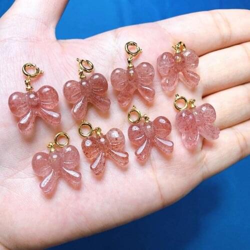 Natural Strawberry Crystal Carved Bow Necklace Pendant Charm Crystal Gem Pendant Accessories For DIY jewelry making