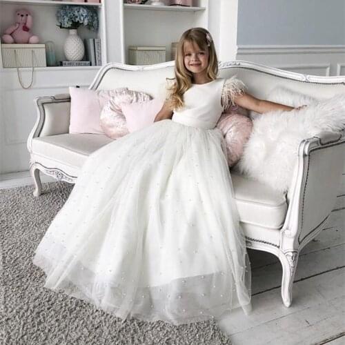 Princess Communion Dress Flower Girls Jewel Sleeveless Lace Beads Beautiful Kids Formal Wear Backless Floor Length Girls Pageant
