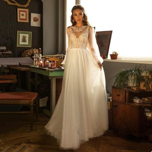 Romantic Lace Tulle Sleeve Bohemian Wedding Dress 2020 Sexy Transparent Boho Wedding Bridal Gowns With Train Robe De Mariee