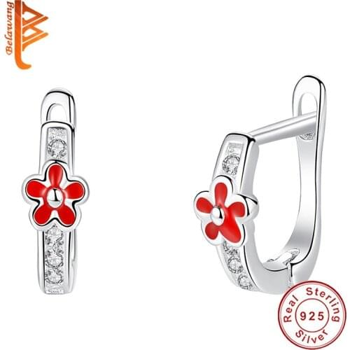 Wholesale Pure 925 sterling Silver Red Flower Earring Cute Enamel Hoop Earring For Kids Girl Party Gift