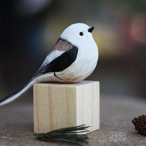 Northern long-tailed tit handmade ornaments silver throated tits wood carving bird crafts