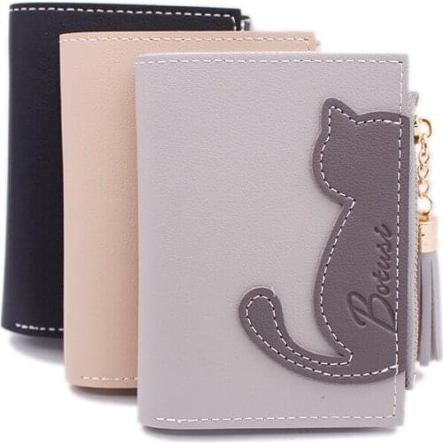 Cute Fashion Brand Cat Leather Women Short Zipper Coin Purses Tassel Design Clutch Wallet Female Money Credit Card Holder Girl