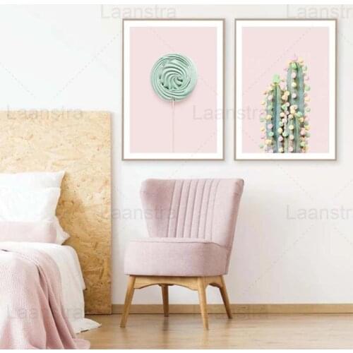 Nordic Macaron Pink Decor Painting Canvas Art Print Cotton Candy Candy Cactus Sweet Poster Home Decor Girl Bedroom Wall Art