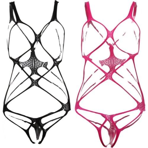 Sexy Erotic Rompers Hollow mesh One-piece short skirt Double-sided hanging neck pajamas perspective Sexy Temptation Bodysuit