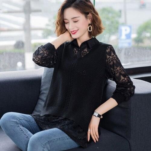Spring Autumn Style 2 pcs/set Knitted Sweater Pullover Lady Casual Turn-down Collar Long Sleeve Knitted Pullover ZZ0918