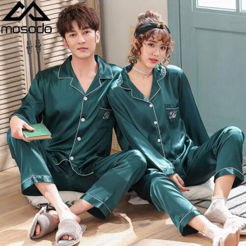 Mosodo Womens Pajamas Spring Ice Silk Long Sleeve Pajamas Suit Lapel Cardigan Thin Imitation Silk Leisure Wear