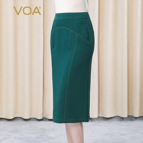 VOA 60m/m Silk Dark Green Sky Bright Line Decorative Hem Split Hip Temperament Professional Skirt CE70 Faldas Mujer Moda 2021