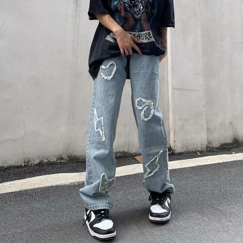 High Street Love Embroidery Retro Vibe Fringe Jeans Pants Men and Women Straight Oversize Straight Casual Baggy Denim Trousers