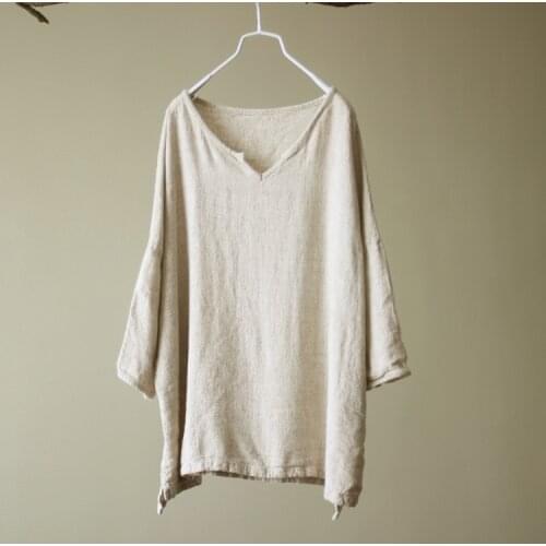 Women Rough Linen V Neck Loose Tops T-shirts Ladies Solid Color Plus Size Linen Tees Shirt Simple