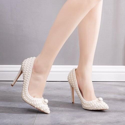 Women Pumps Fashion Pointed White Pearl High Heels 11cm Stiletto Beige Bridal Wedding Pary Shoes
