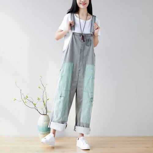 Women Patchwork Ripped Casual Jumpsuit Pants Ladies Vintage Holes Bleached Scratched Overalls Female Rompers 2019