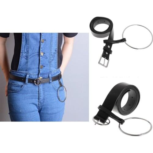 Women Punk Hip Hop Skinny Waist Belt PU Leather Waistband with Alloy Circle Gift