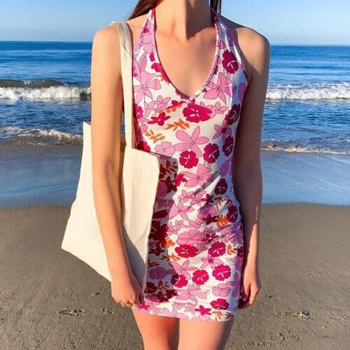 Floral Printed Y2k Halter Dresses Sexy Women Backless Casual Mini Sundress NiceSummer V Neck Sleeveless Short Party Beach Dress