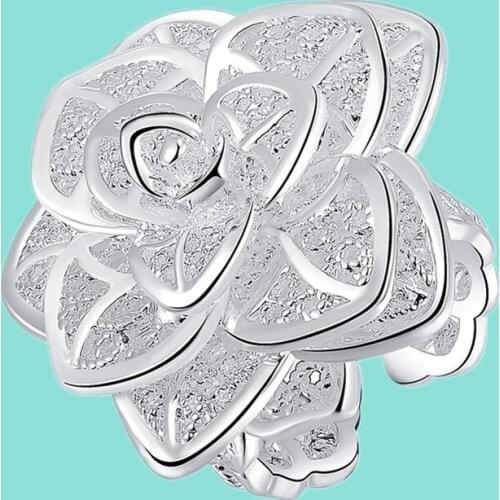 925 Sterling Silver Rose Flower Open Ring Hollow Out Design Ring For Women Wedding Engagement Party Jewelry Gift
