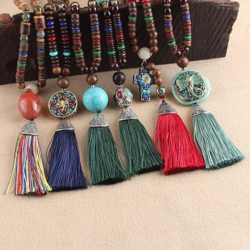2020 New Vintage Style Long Wood Wooden Elephant Tassel Sweater Chain Nepal Jewelry Buddhist Beads Ethnic Necklace for Women Men