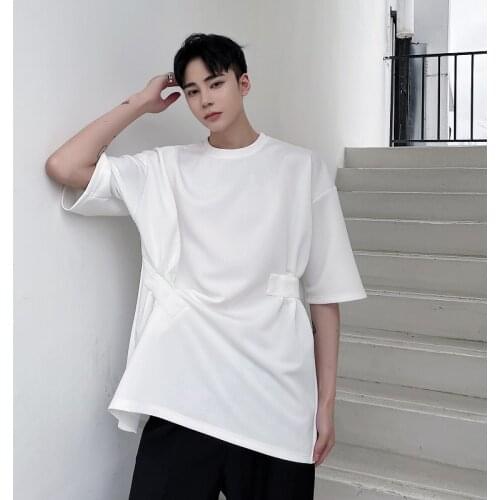 2021 summer Korean style Personality Fold stitching design t-shirt men casual loose O-neck splicing t-shirts male t-shirt M-XL
