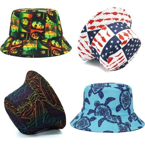 2021 Vintage Star Bucket Hats Men Women Weed Print Hip Hop Reversible Bob Summer Fisherman Hat Travel Beach Cap Panama