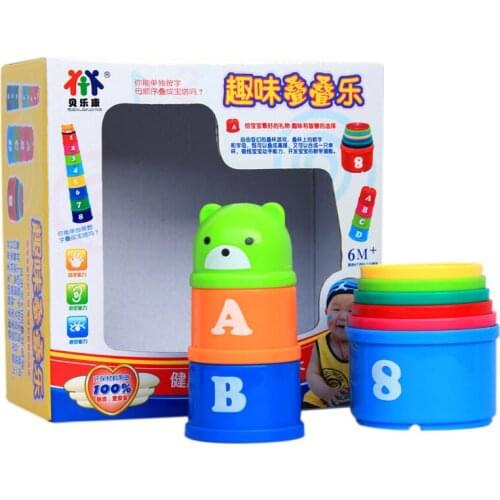9pcs/Lot Stacking Cups Tower Rainbow Ring Figures Letters Educational Baby Toys Foldind Children Early Babies Games