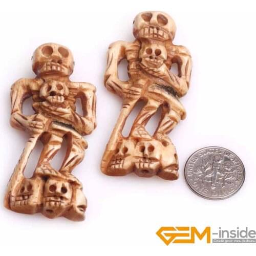 26x55mm Yellow Large Full Body Skull Skeleton Carved Bone Beads DIY Beads For Jewelry Making 2 PCS To Sale Wholesale