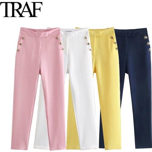 Traf Za Pant for Women 2021 Fashion Buttons High Waist Pink Pants Chic Office Straight Trousers Streetwear Female Suit Pants