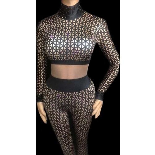 Black White Rhinestones 3D Plaid Printing Jumpsuit Sexy Big Elastic Bodysuit Nightclub Bar Female Stage DJ Singer Dance Costume