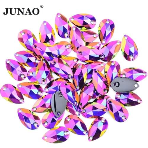 JUNAO 10*18mm Sewing Rose Purple AB Teardrop Rhinestone Flatback Crystal Stones Sew On Strass Clothes Applique for Needlework