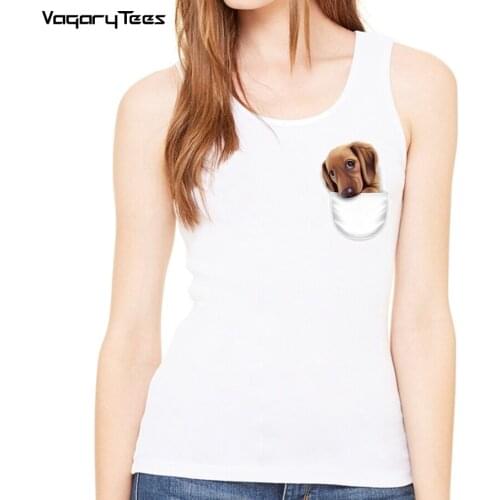 Kawaii Animal Cute Pug Dachshund in pocket Print Tank top Women Funny Tops Homme Vest