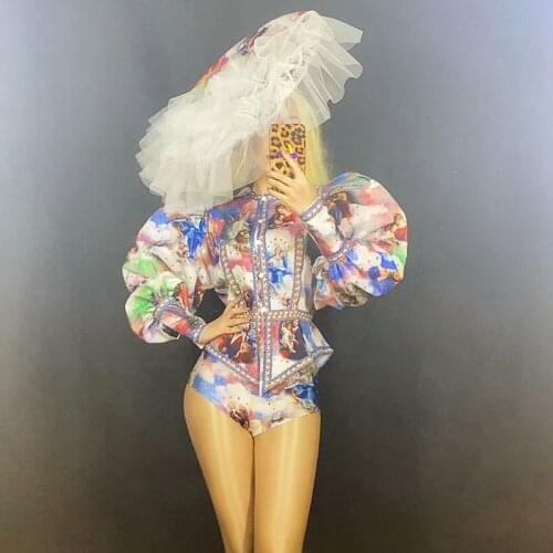 Fashion Pattern Print Jacket Short Hat 3 Pieces Set Women Rave Outfit Stage Wear Dance Costume Birthday Party Dress Headdress