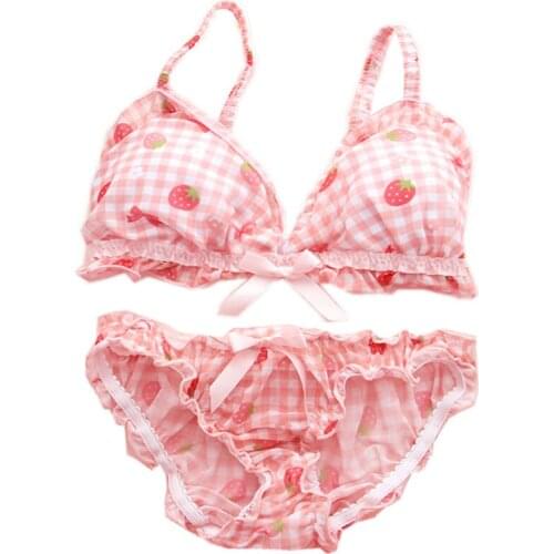 Japanese Soft Sister Strawberry Lattice Underwear Set Girl No Steel Ring Sleep Bra Mesh Yarn Pink Tender Cute Girl Underwear Set