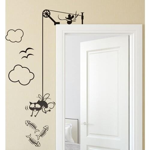 Fishing Cat Mouse Door Sticker Bedroom Bathroom Fish Cat Pet Animal Door Wall Decal Vinyl Home Decor Mural Art