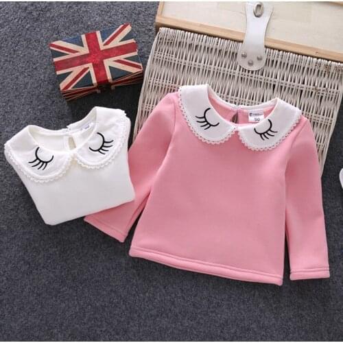 Cute Baby Girls Thicken T shirts Spring Winter Children Warm Velvet Tops Tees Long Sleeve Eyelash Peter Pan Collar Kids T shirts