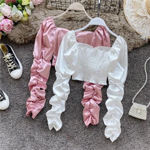 Fashion Women Long Sleeve Slash Neck Off Shoulder Short Tops Sexy Ladies Retro Streetwear Blouses Shirt Female Satin Blusas