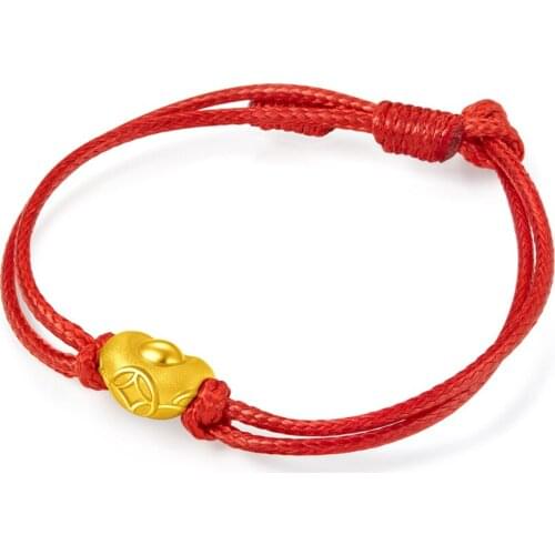 New Pure 24K Yellow Gold Bracelet 999 Sandstone Coin Yuan Bao Red String Bracelet