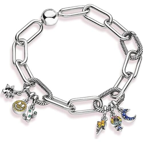 New 100% 925 Sterling Silver Me Series Smile Cactus Moon Flower Lucky Pan Bracelet For Christmas gift Wedding Gift Jewelry