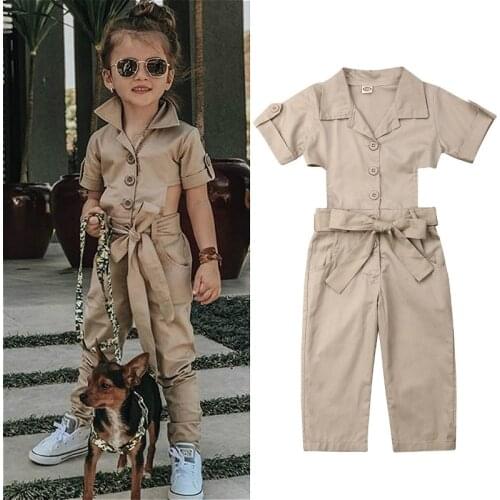 2-7Y Kids Baby Girls Jumpsuits Overalls 2021 Summer Fall Children Short Sleeve Lapel Hollow Out Belt Romper Jumpsuit Outfits