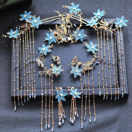 PEORCHID Traditional Chinese Bridal Hair Comb Tassels Hair Pins Blue Flowers Golden Butterfly Bride Jewelry Wedding Headdress