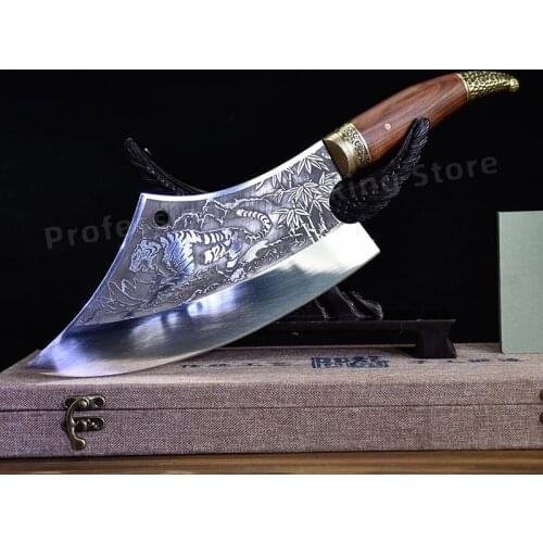 Hand-forged stainless steel tiger pattern chopping knife Outdoor meat cleaver Household kitchen knife Cooking knife