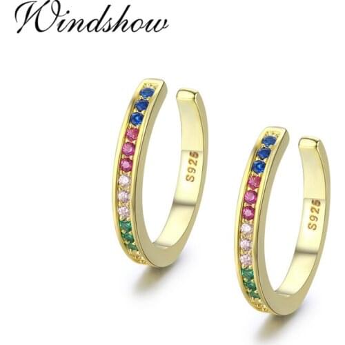 925 Sterling Silver Gold Color Rainbow CZ Circle Clip Earrings For Women Girls Jewelry Ear Cuff Jacket Cartilage Earless Hole