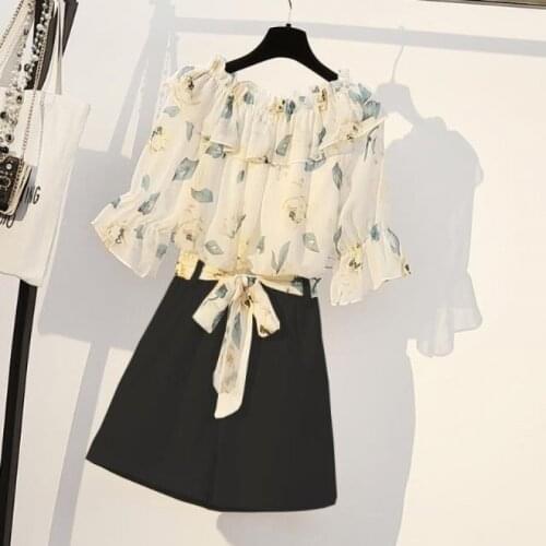 Chiffon Suits Summer Plus Size Women 2-Piece Flare Sleeve Slash Neck Off Shoulder Sexy Floral Blouse Ruched Belt Wide Leg Shorts